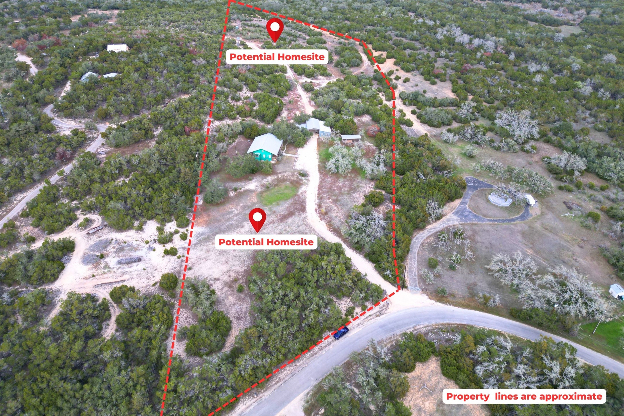 1401 Pursley Road Dripping Springs, TX 78620 - Photo 27 of 35 Aerial view of property and surrounding area featuring property parcel outlined