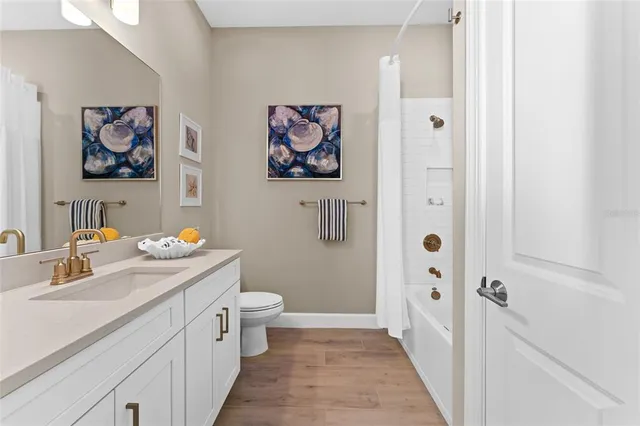 a bathroom with a sink mirror vanity and toilet
