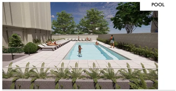 a picture of table and chairs with potted plants