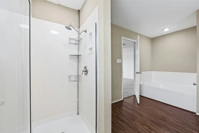 a bathroom with a bathtub and a shower