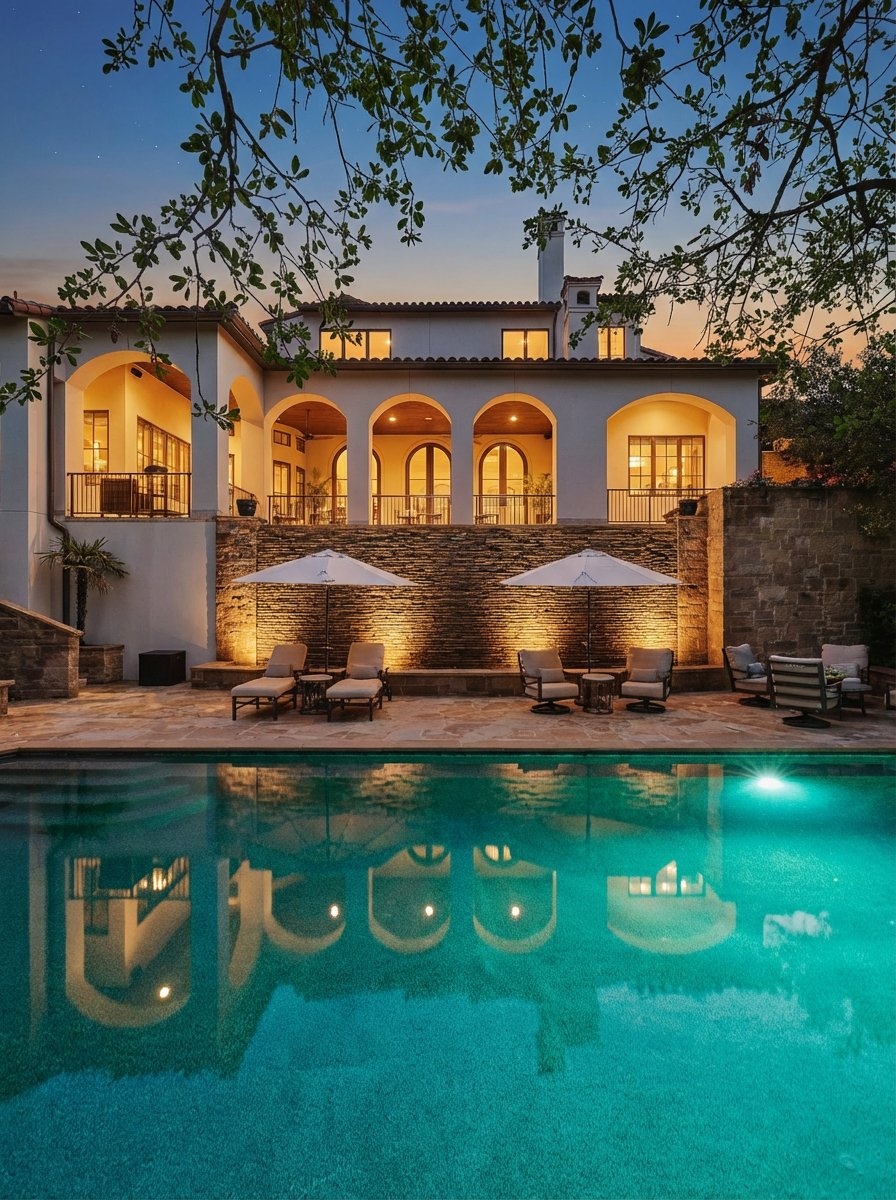 433 Brandon Way Austin, TX 78733 - Photo 3 of 40 An inviting pool reflects the grand architecture of this multi-story residence, framed by elegant arched balconies at twilight.