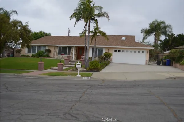 front view of house with a yard and palm trees