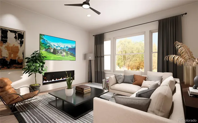 a living room with furniture and a fireplace
