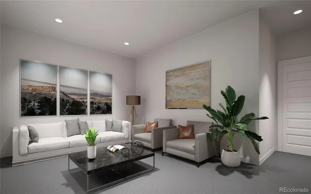 a living room with furniture potted plant