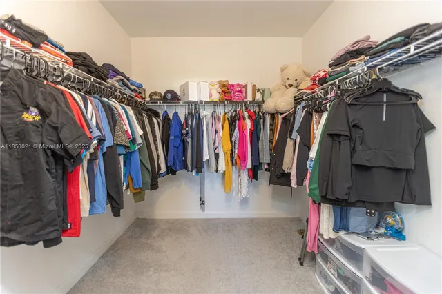 a view of walk in closet with clothes and shoes