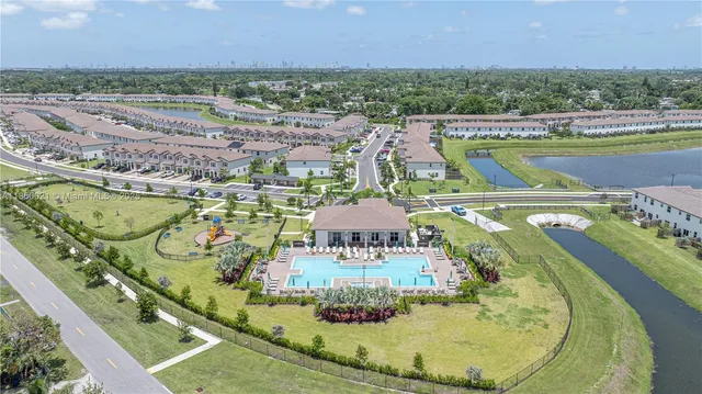 an aerial view of a swimming pool