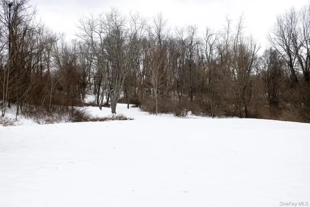 a view of wooden fence and trees in the background