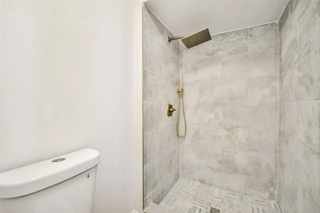 a bathroom with a shower and a toilet