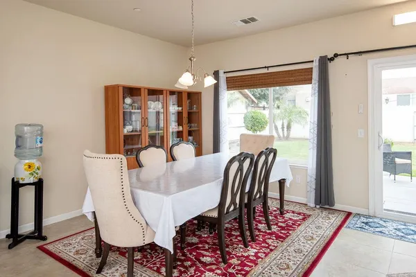 a view of a dining room with furniture window and outside view