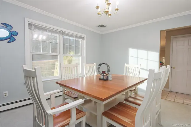 a view of a dining room with furniture and window