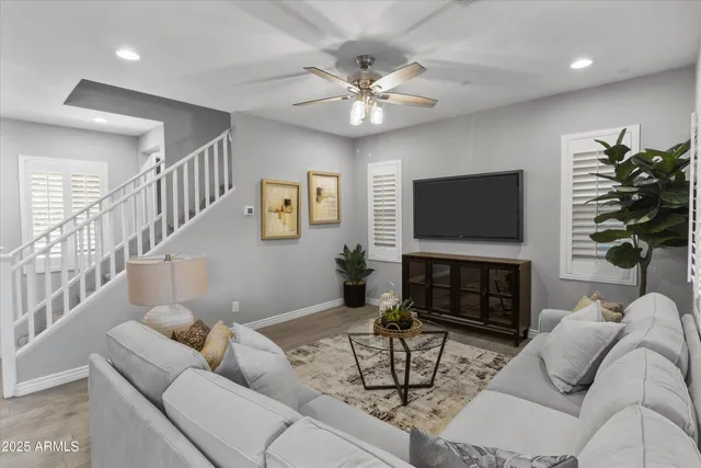 a living room with furniture a dining table and a potted plant