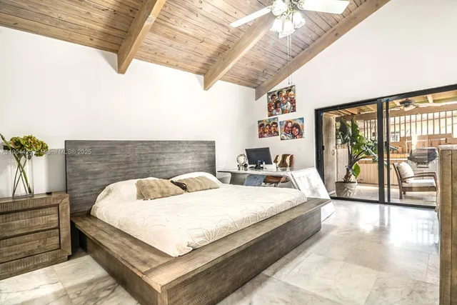 a bed sitting in a bedroom next to a large window