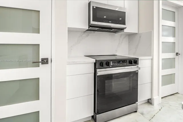 a kitchen with a stove and a microwave