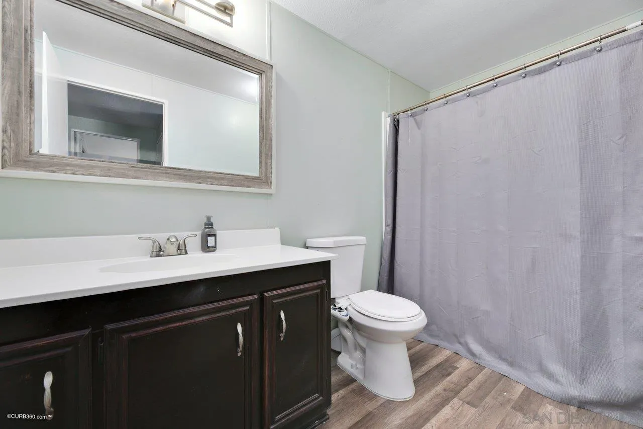 2925 Cordrey Drive Escondido, CA 92029 - Photo 71 of 75 a bathroom with a sink a toilet a mirror and shower curtain