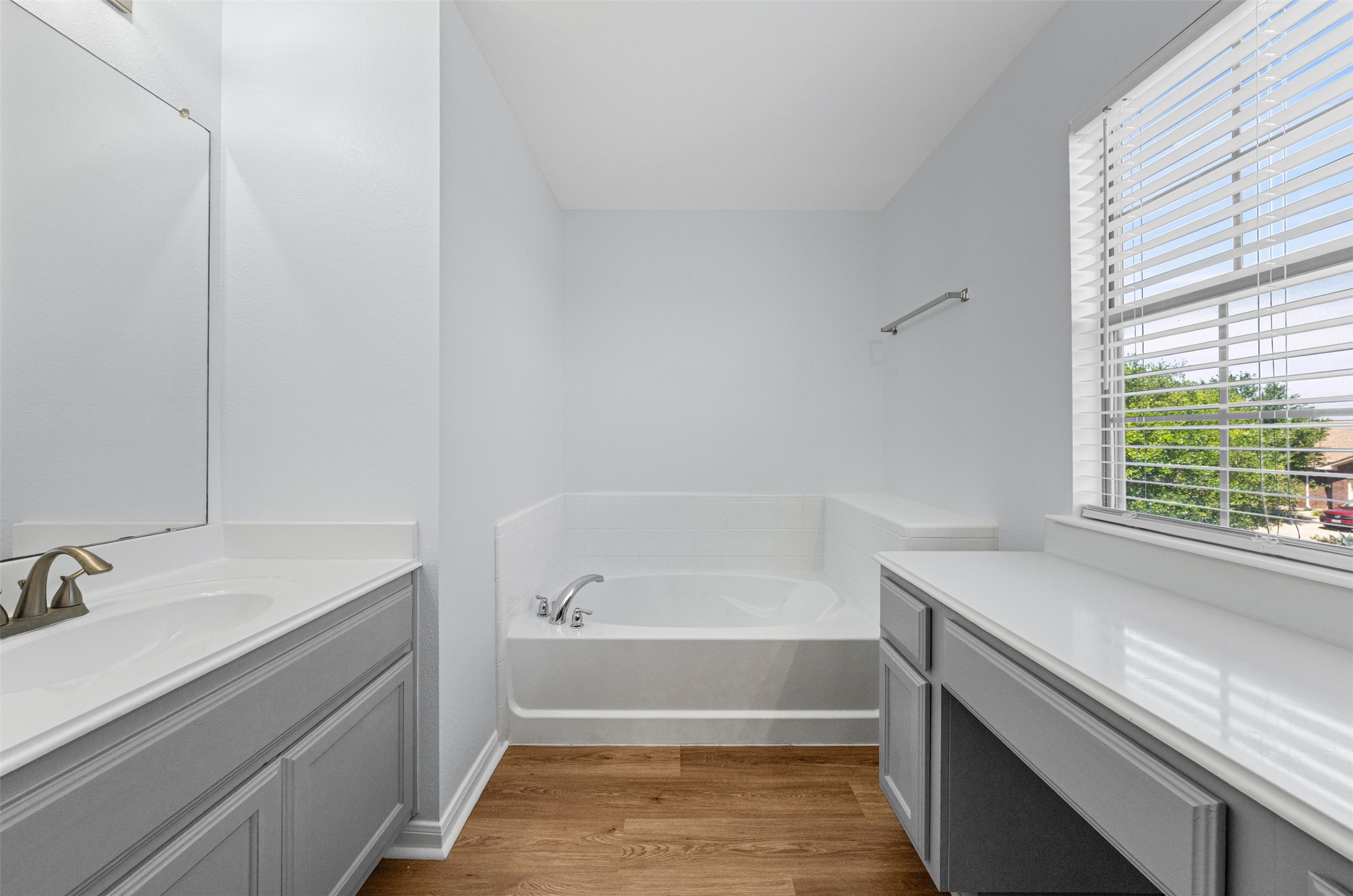 243 Engineers Pass Jarrell, TX 76537 - Photo 23 of 40 Bathroom featuring a built-in soaking tub, wood-finish flooring, and a large window with horizontal blinds