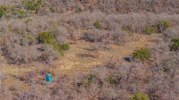 a view of a field with trees in the background