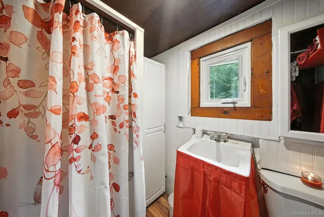 a bathroom with a sink a mirror and a shower curtain