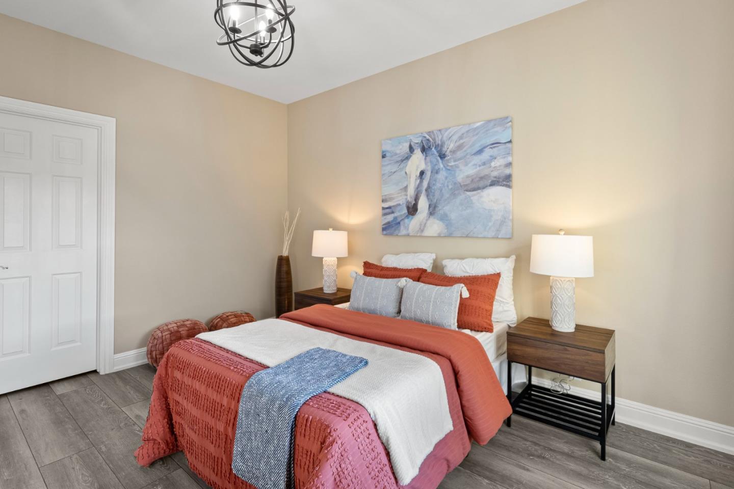 1980 Pear Drive Morgan Hill, CA 95037 - Photo 47 of 100 a bedroom with a bed and a lamp on table with wooden floor