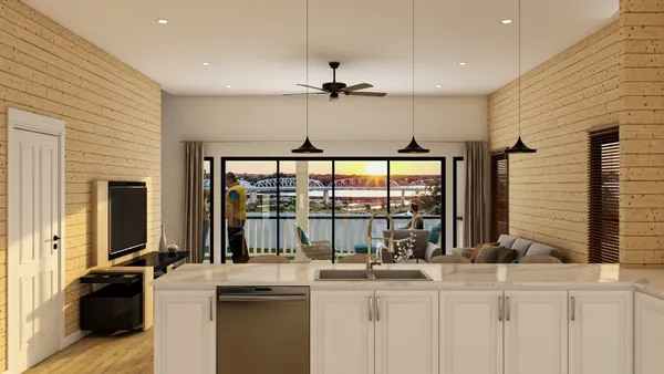 a kitchen with sink refrigerator and large window