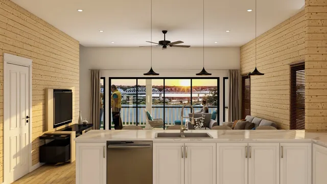 a kitchen with sink refrigerator and large window