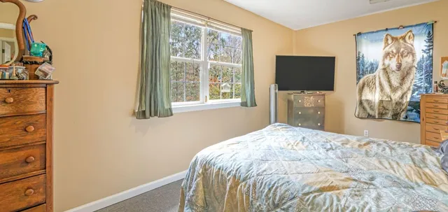 a bedroom with a bed and a flat tv screen on dresser