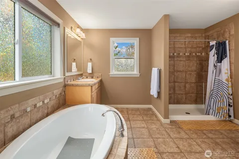 a bathroom with a tub a sink and a shower