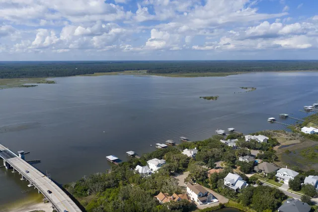 a view of a park with large trees