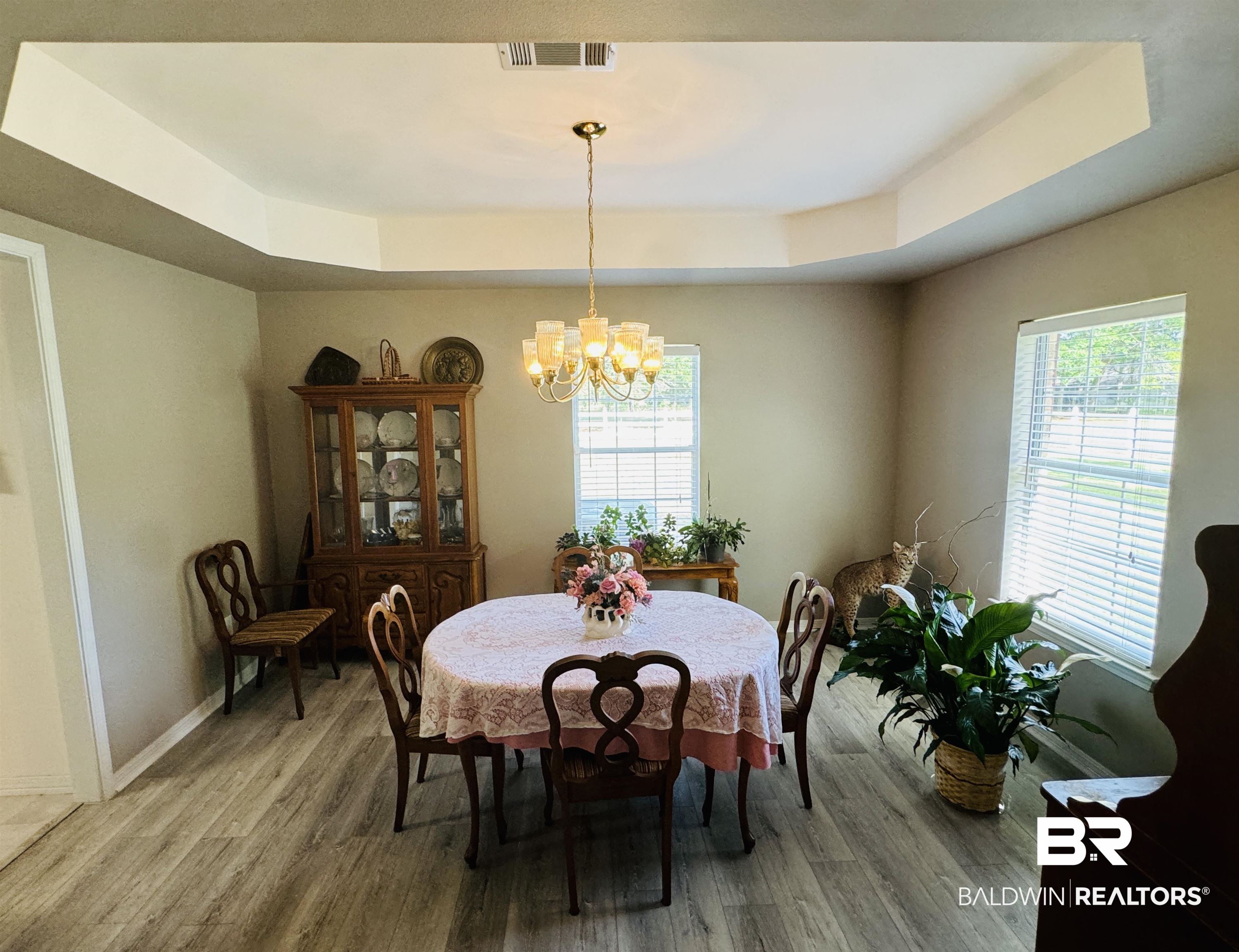 13795 White Road Silverhill, AL 36576 - Photo 23 of 99 Dining area with a tray ceiling, wood finished floors, healthy amount of natural light, and suspended lighting