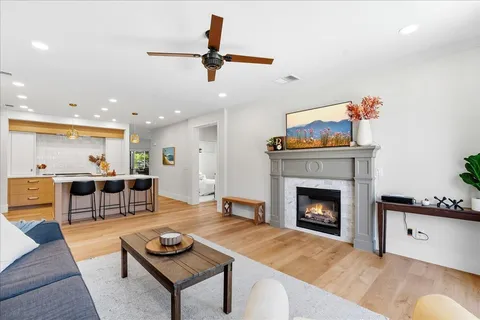 a living room with furniture and a fireplace
