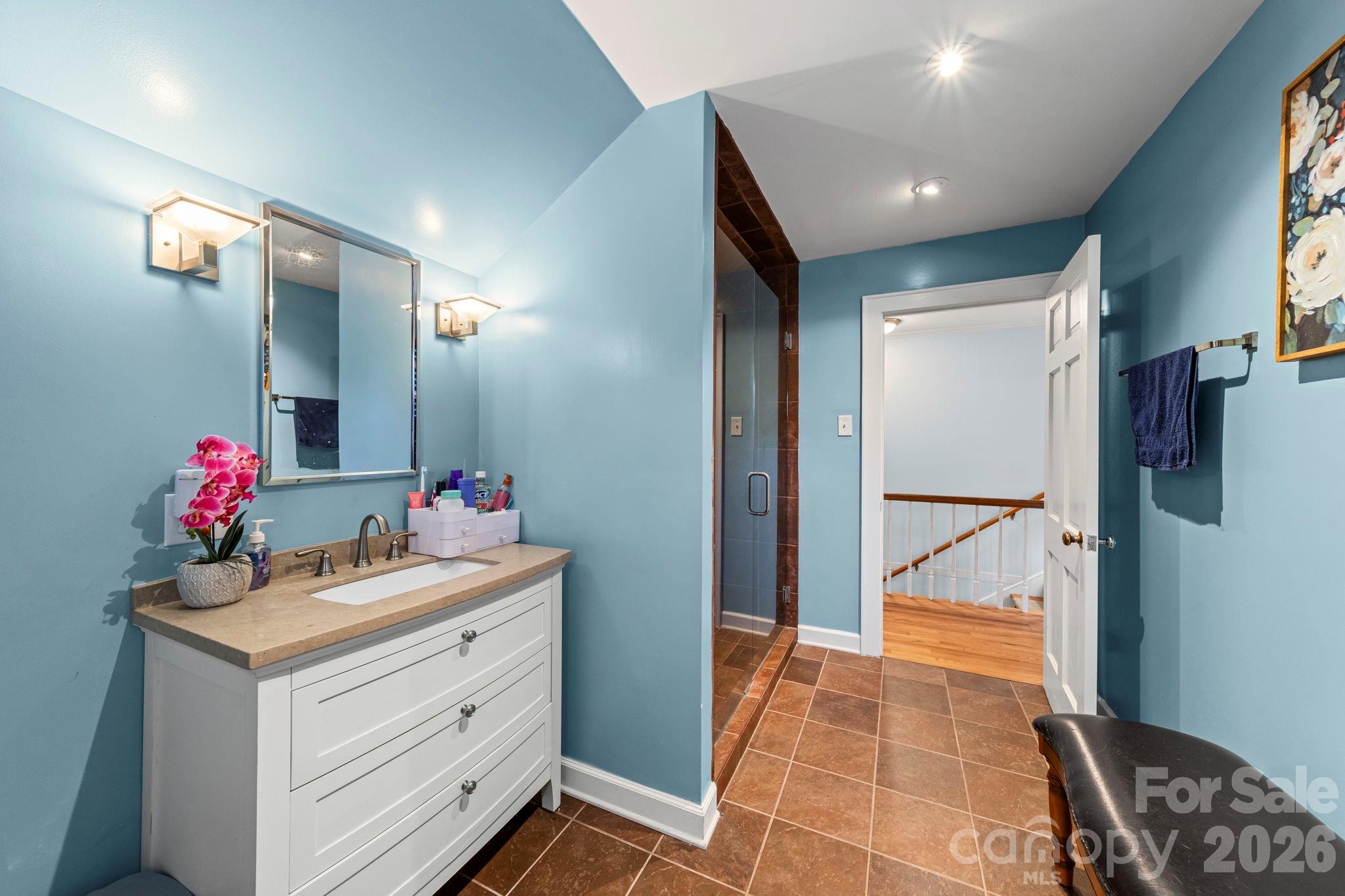 417 Park Ridge Road Albemarle, NC 28001 - Photo 37 of 47 a bathroom with a sink mirror and a shower