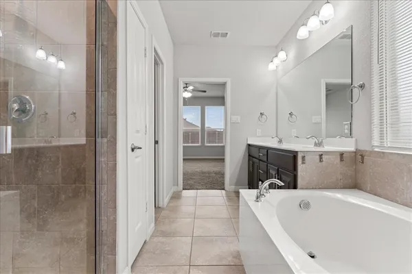 a bathroom with a tub a sink shower and mirror