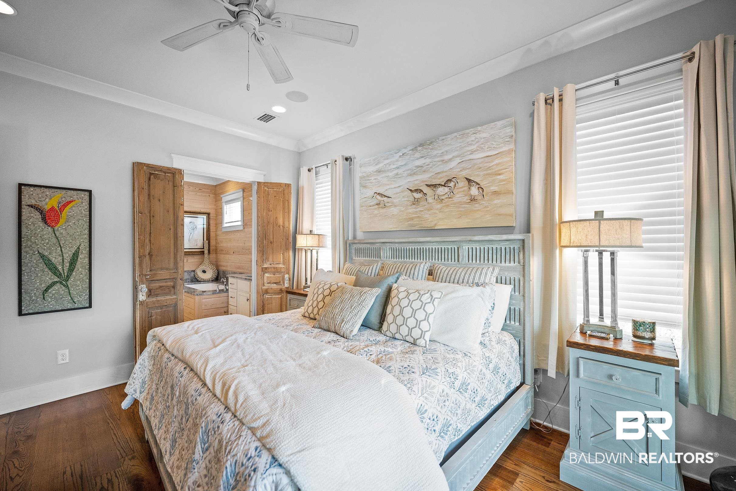 33186 Marlin Key Drive Orange Beach, AL 36561 - Photo 48 of 87 Bedroom featuring dark wood-style floors, a ceiling fan, recessed lighting, and ornamental molding