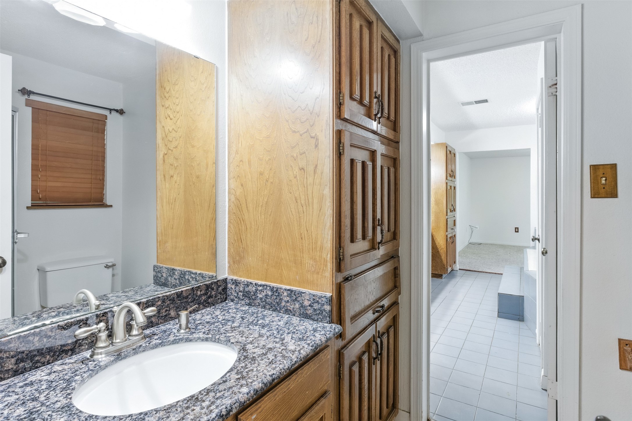 1680 Bowler Road Waller, TX 77484 - Photo 24 of 42 a bathroom with a granite countertop sink and a mirror
