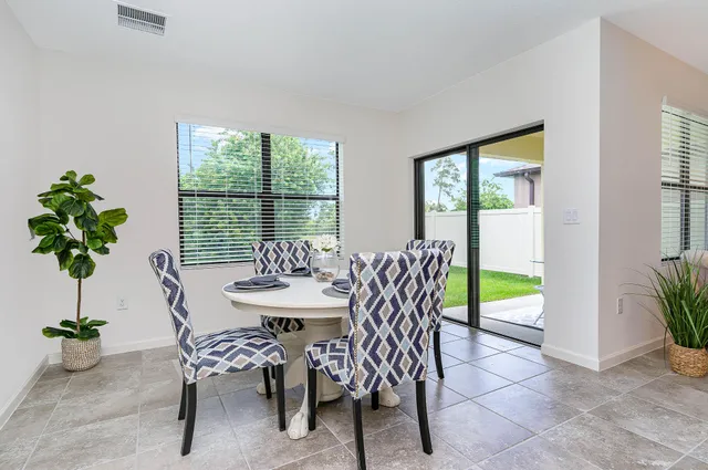 a view of a dining room with furniture window and outside view