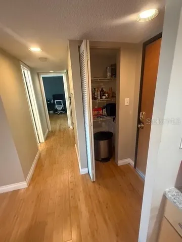 a view of a hallway with wooden floor and furniture