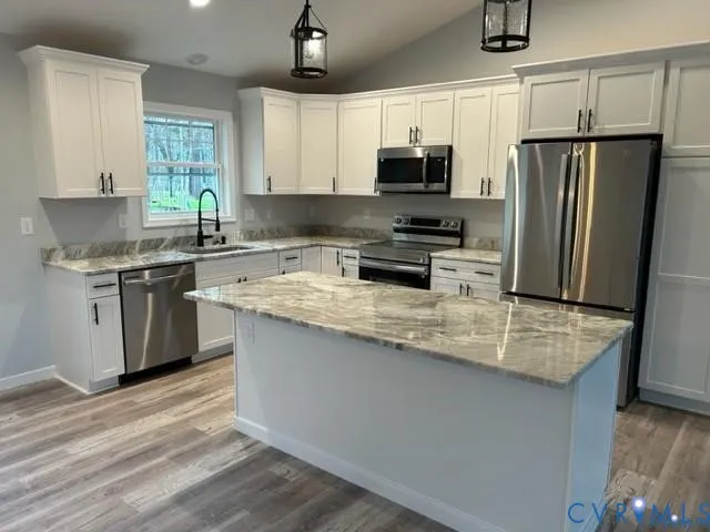 a kitchen with stainless steel appliances granite countertop a stove a sink dishwasher a refrigerator and a microwave