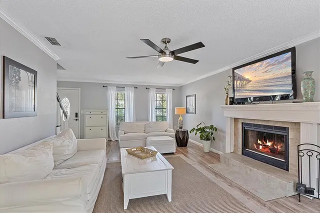 a living room with furniture a flat screen tv and a fireplace