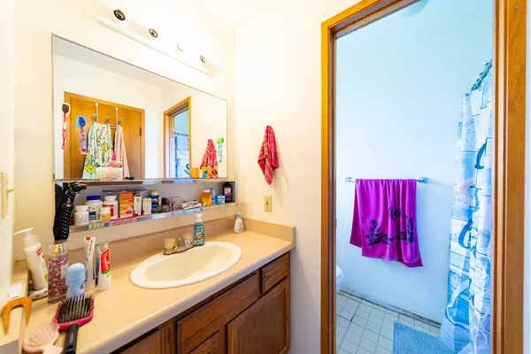 a bathroom with a sink vanity and a mirror