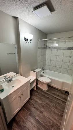 a bathroom with a double vanity sink toilet and shower