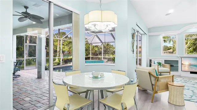 a view of a dining room with furniture window and outside view
