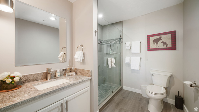 1364 Still Water Drive, Unit R2012 Heber City, UT 84032 - Photo 19 of 30 Bathroom featuring a single vanity with a granite countertop and undermount sink, a large framed mirror, a walk-in shower with a glass enclosure and tiled walls, and wood-finish flooring