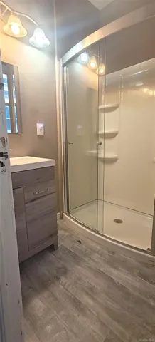 a bathroom with a shower and toilet