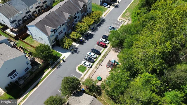an aerial view of a swimming pool