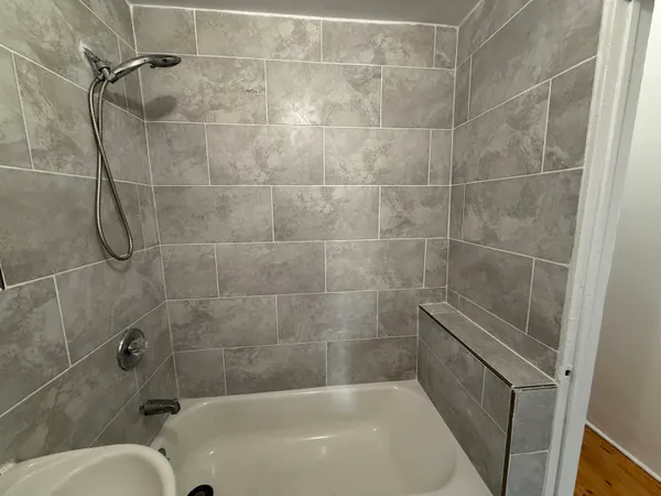 a bathroom with a bathtub and a shower