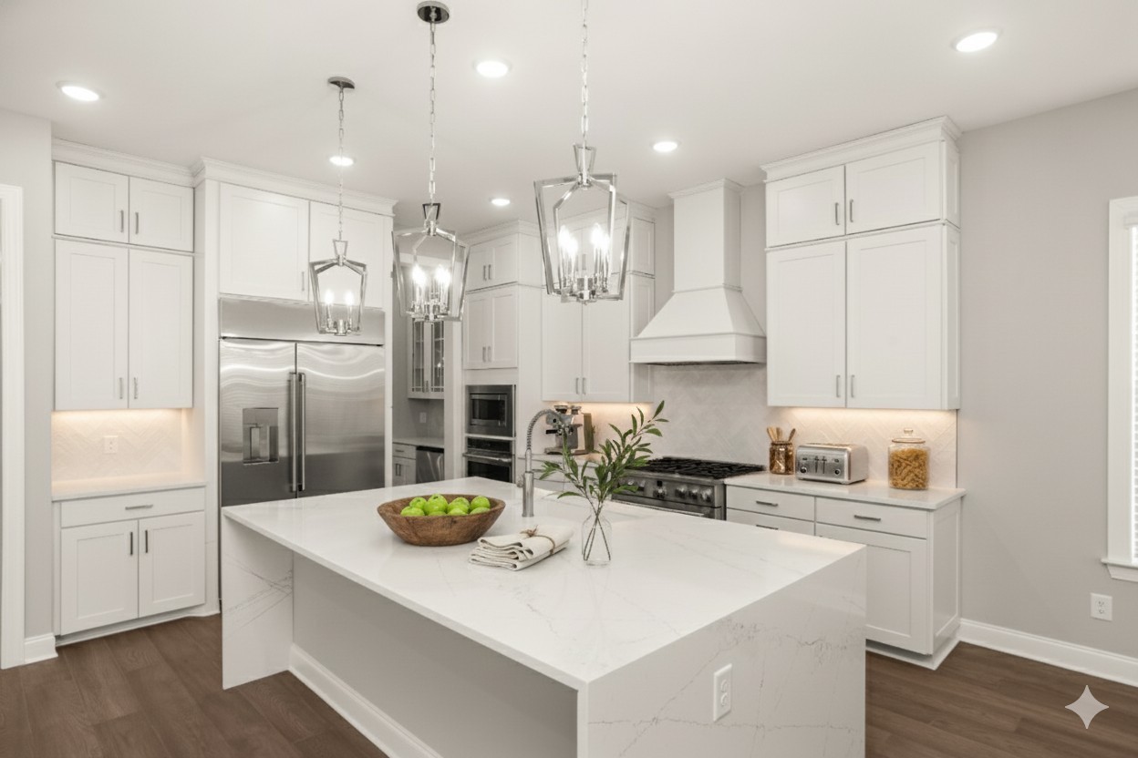 a kitchen with refrigerator and cabinets