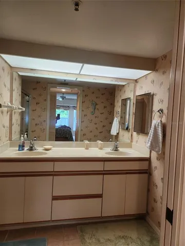 a bathroom with a sink and a mirror