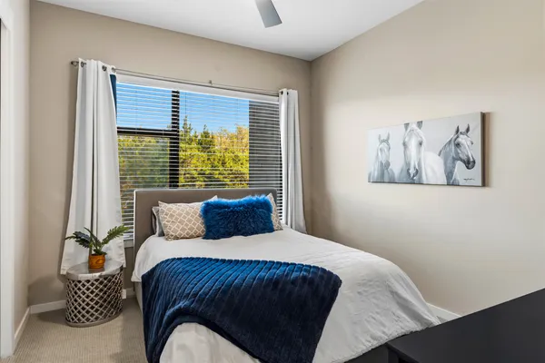 a bedroom with a large bed and a window