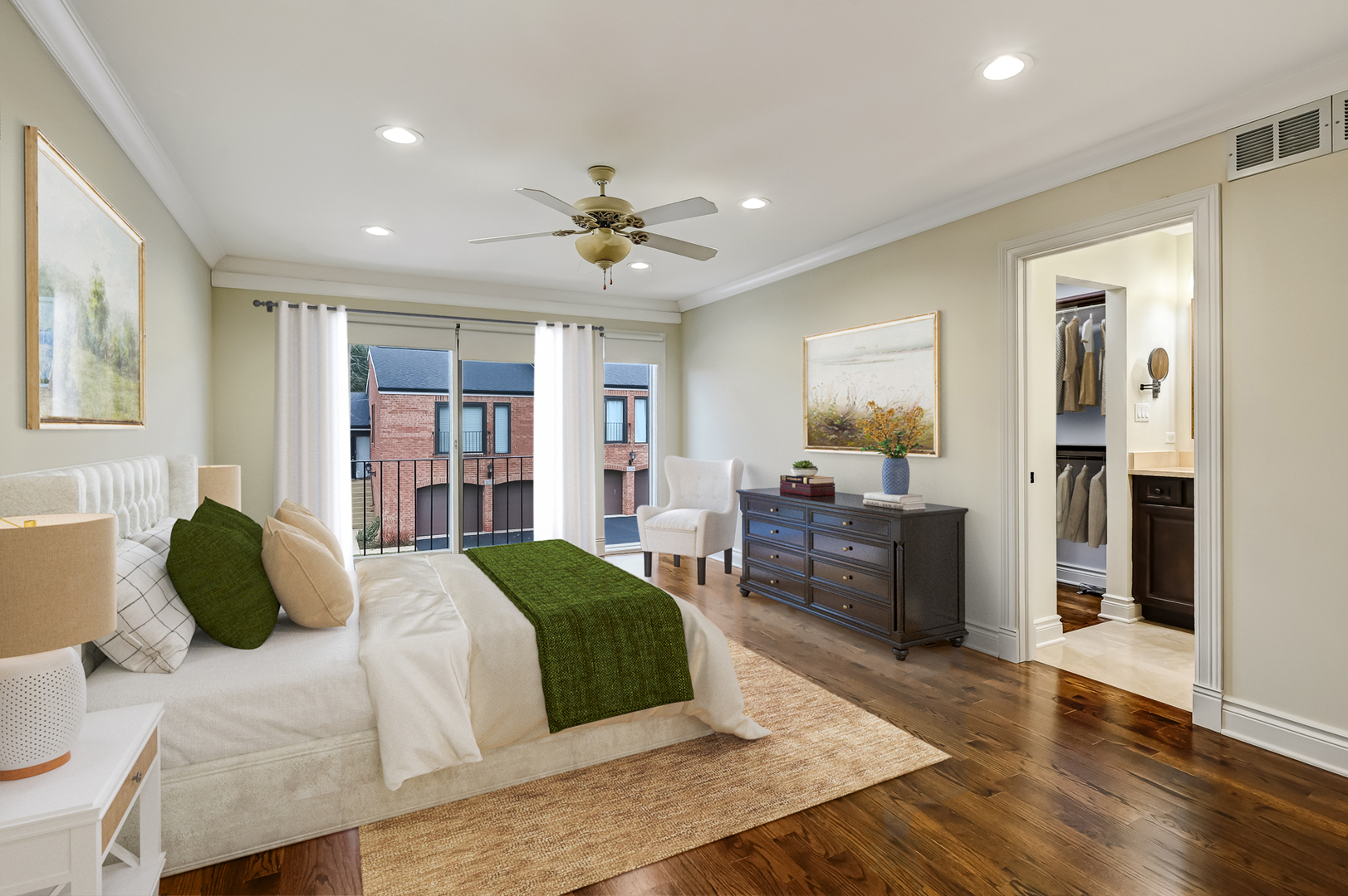 2-s719 Williamsburg Court Oak Brook, IL 60523 - Photo 24 of 48 a bedroom with a large bed and a wooden floor