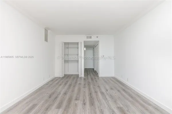 a view of room with walk in closet and wooden floor