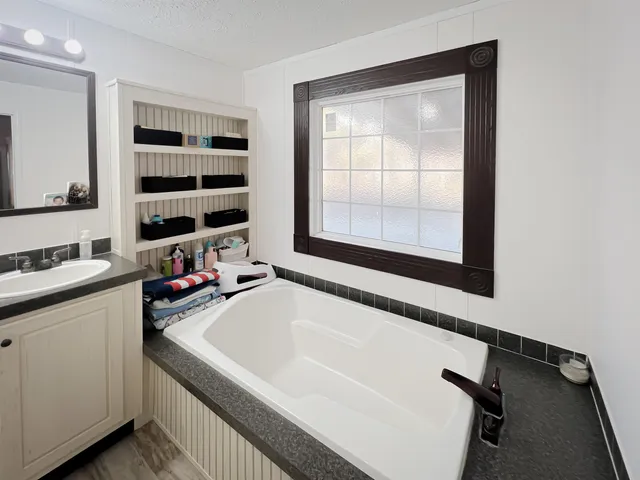 a bathroom with a sink and a mirror